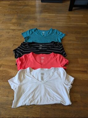 SO Women’s V-Neck Tee - White, Coral, Teal, Black Stripe